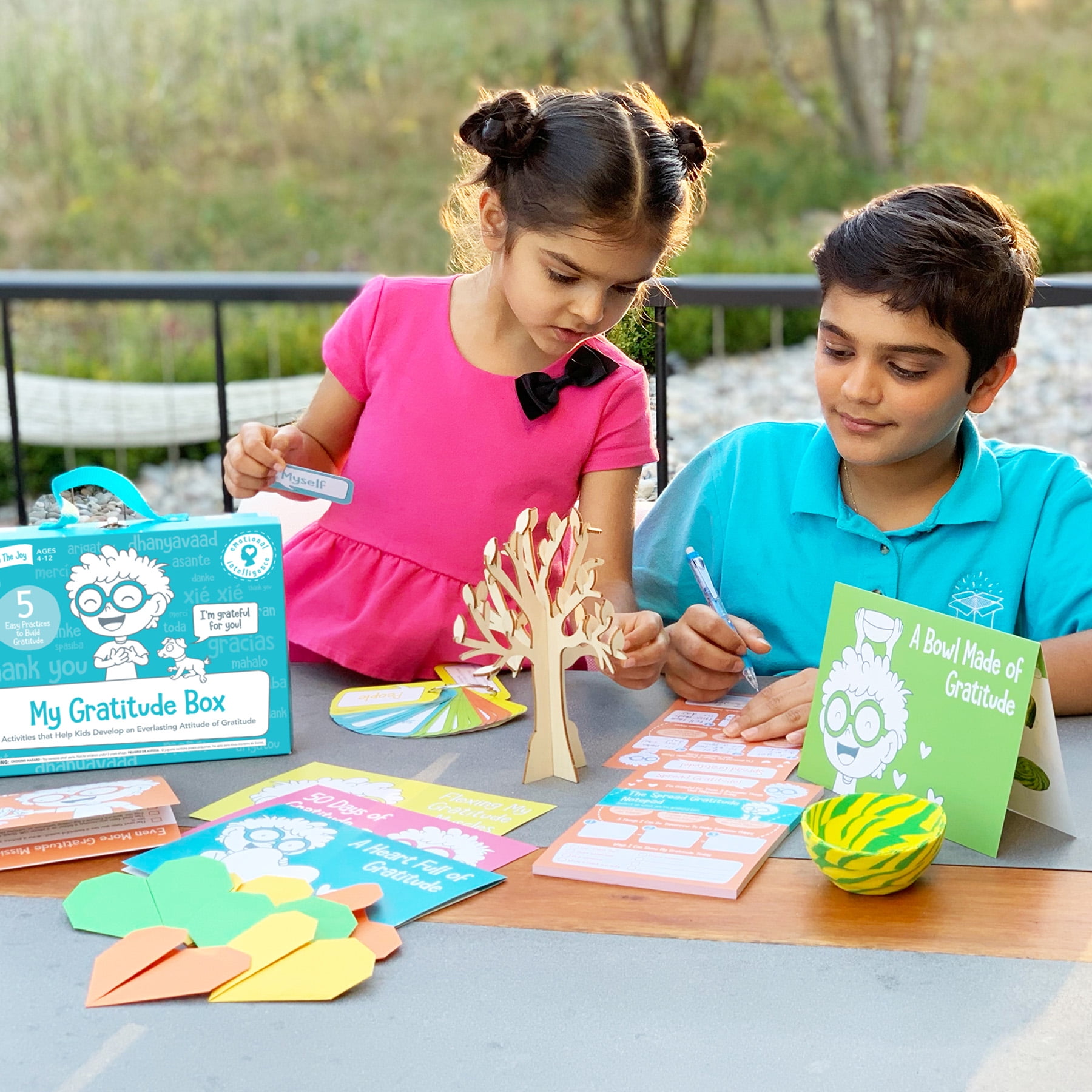 Open The Joy My Gratitude Box, Activity Box Includes A Wooden Building Project, Clay Bowl Project, Origami Projects, Notepad for Journaling, and Gratitude Cards - Ages 4+