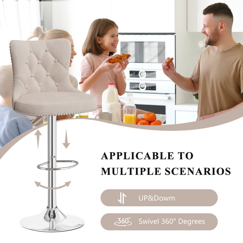 Hawsaiy Swivel Bar Stools Set of 2, Adjustable Velvet Tufted Counter Height Chairs with Nailhead Trim, Upholstered Barstools for Kitchen Island, Khaki