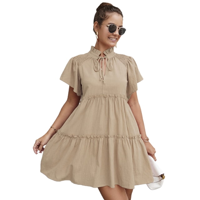 Mini vestido de manga corta con volantes y cuello alto para mujer Abanopi Vestido
