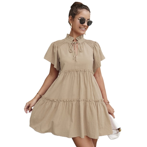 Vestido, Mini vestido de manga corta con volantes y cuello alto para mujer Tomshoo Beige/Grande