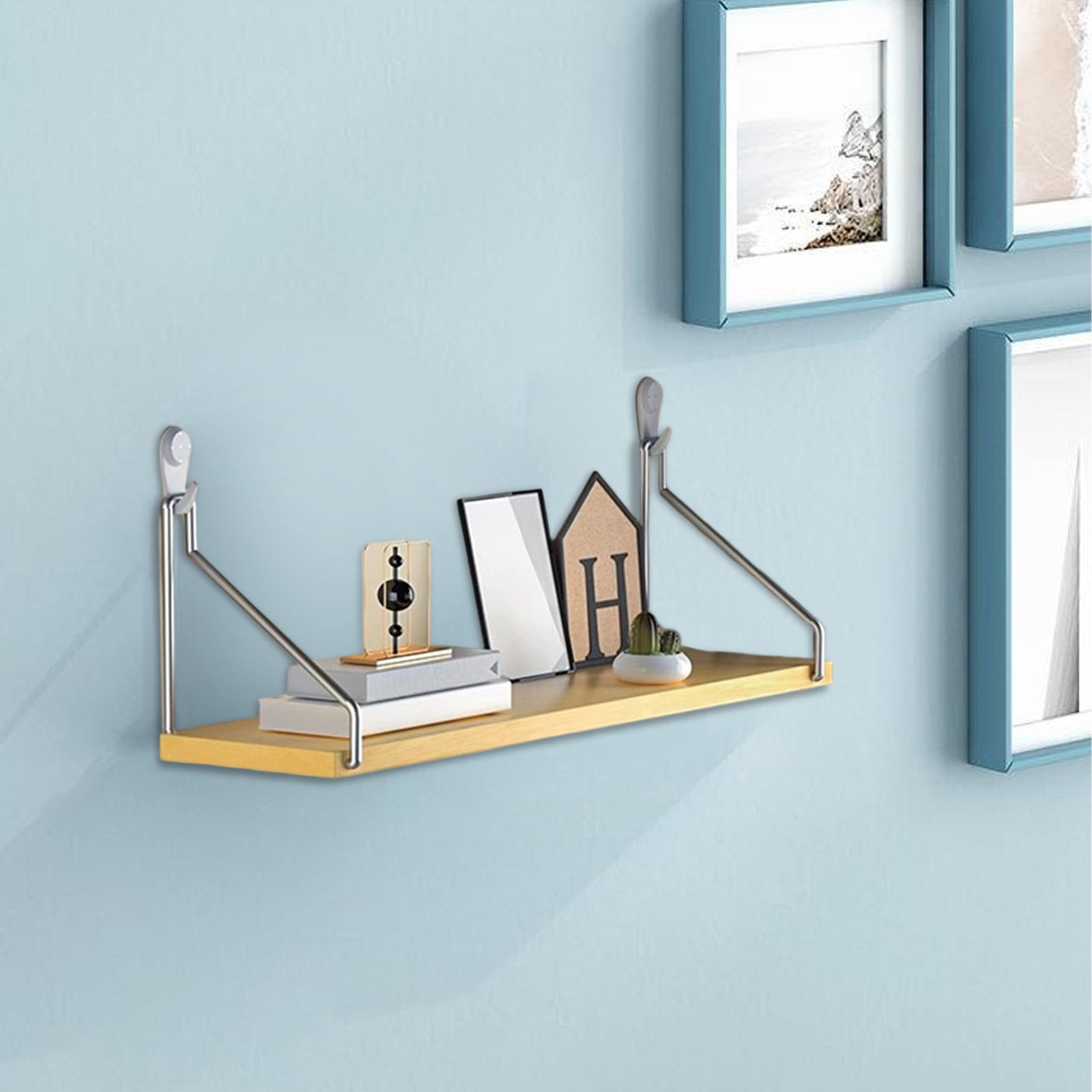Oggfader No Drill Floating Shelf - Small Wall Mounted Wooden Ledge for Bedroom Living Room Router Bookshelf - Renter Friendly Adhesive Strips Holds 30lbs - Mustard Yellow