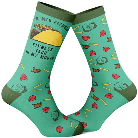Fitness Taco Sock Funny Cute and Humor Sarcastic Graphic Cool Crazy Footwear (Green) – Mens (7-12)
