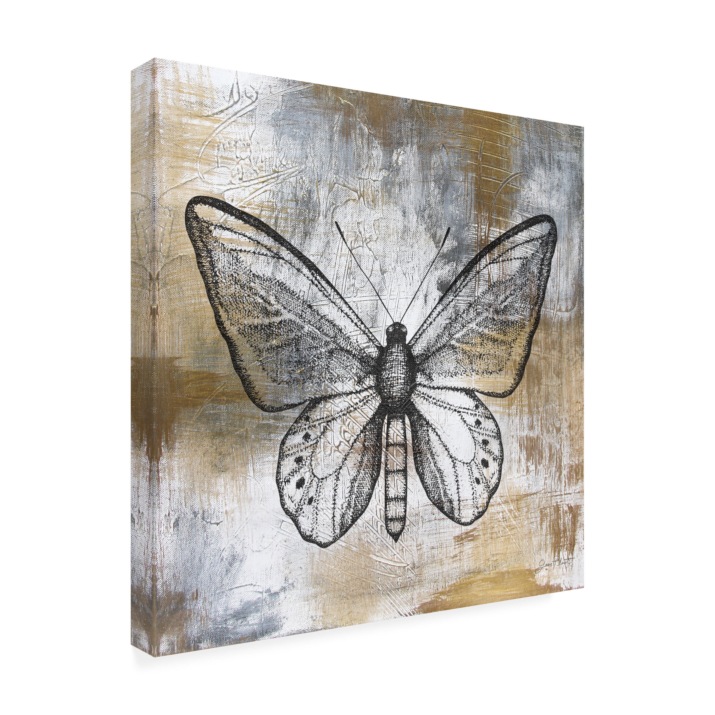 Canvas Wall Art - Jean Plout 'Gold And Grey Textures Butterfly A3' Wall Art for Living Room, Bedroom, or Office Décor by Trademark Fine Art - 14 x 14 Inches