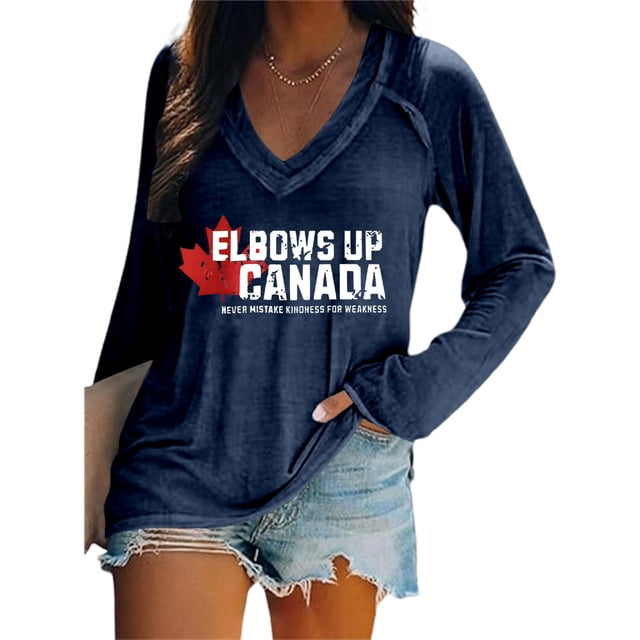 MHFRRA Camiseta de Manga Larga con Cuello En V y Estampado de La Bandera de Canadá para Mujer Marina de Guerra
