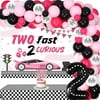 Two Fast Two Curious Birthday Decoration Girl, Race Car 2nd Birthday Decorations, Balloons Arch Backdrop Cake Topper Checkered Flag Tablecloth Number 2 Foil Balloon