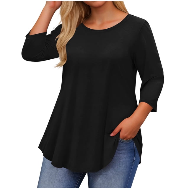 Débardeurs Amples Grande Taille pour Femmes Imprimés Manches 3/4 Col Rond Blouse Décontractée Été, Tuniques à Manches Longues Grande Taille pour Femmes
