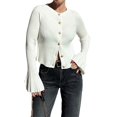 thumbnail image 3 of Women Trendy Crew Neck Ribbed Knit Crop Bell Long Sleeve Open Front Button Down Sweater Shirt Fall Outfit White S, 3 of 7