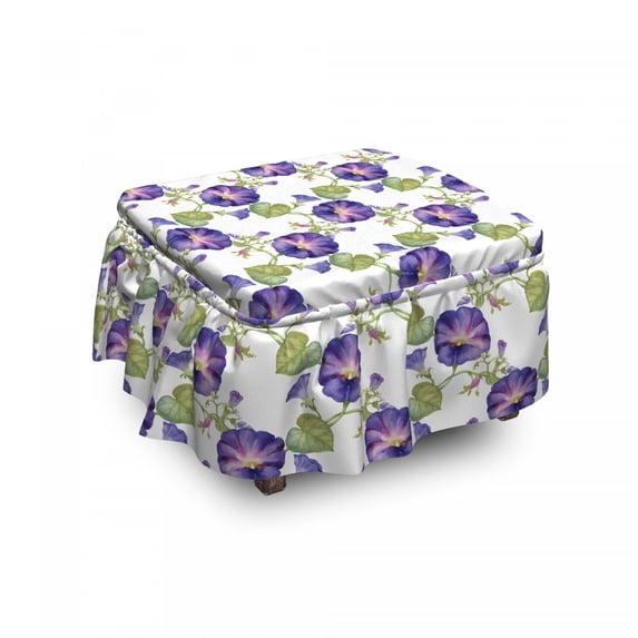 Floral Ottoman Cover, Purple Gramophone Orchids, 2 Piece Slipcover Set with Ruffle Skirt for Square Round Cube Footstool Decorative Home Accent, Standard Size, Multicolor, by Ambesonne