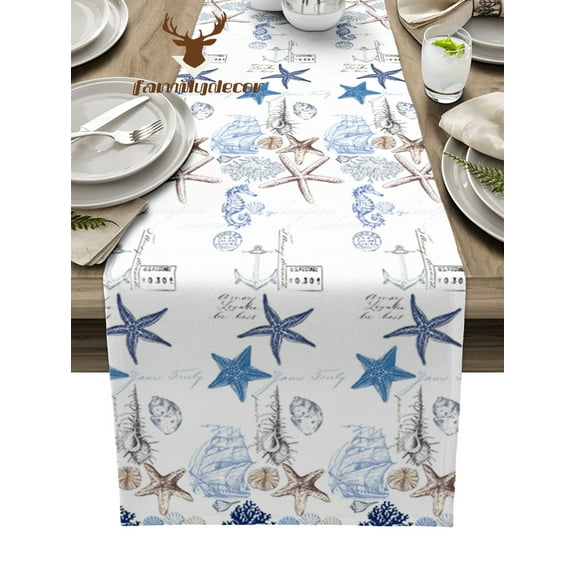 Marine Texture Seashells StarSeahorse Table Runner Home Wedding Table Mat Centerpieces Decoration Dining Long Tablecloth