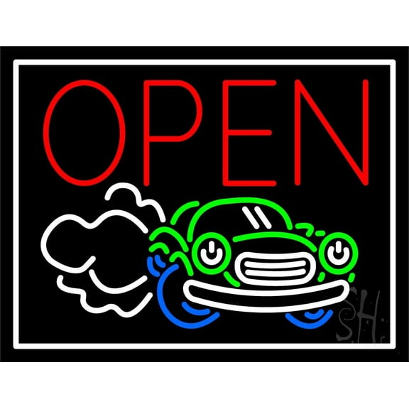 Car Wash Logo With White Border LED Neon Sign 15 x 19 - inches, Clear Edge Cut Acrylic Backing, with Dimmer - Bright and Premium built indoor LED Neon Sign for automotive store, and mall.