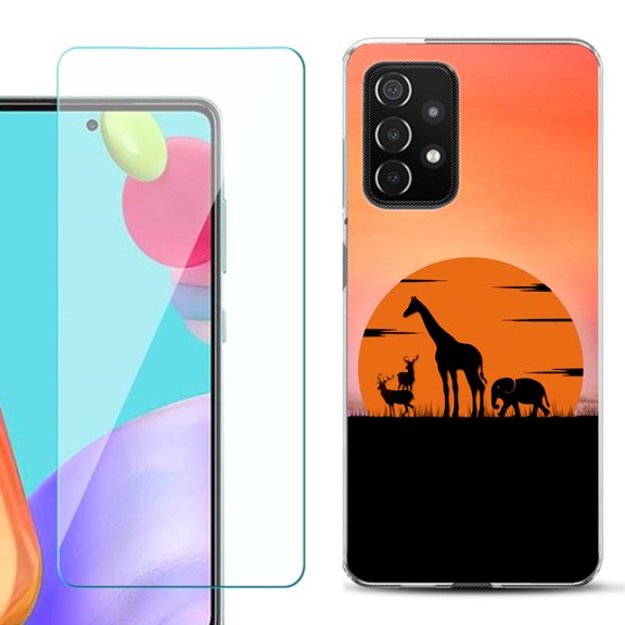 Slim-Fit Flexible Gel TPU Phone Case compatible with Samsung Galaxy A52 5G, with Tempered Glass Screen Protector, by OneToughShield ® - Sunset Safari