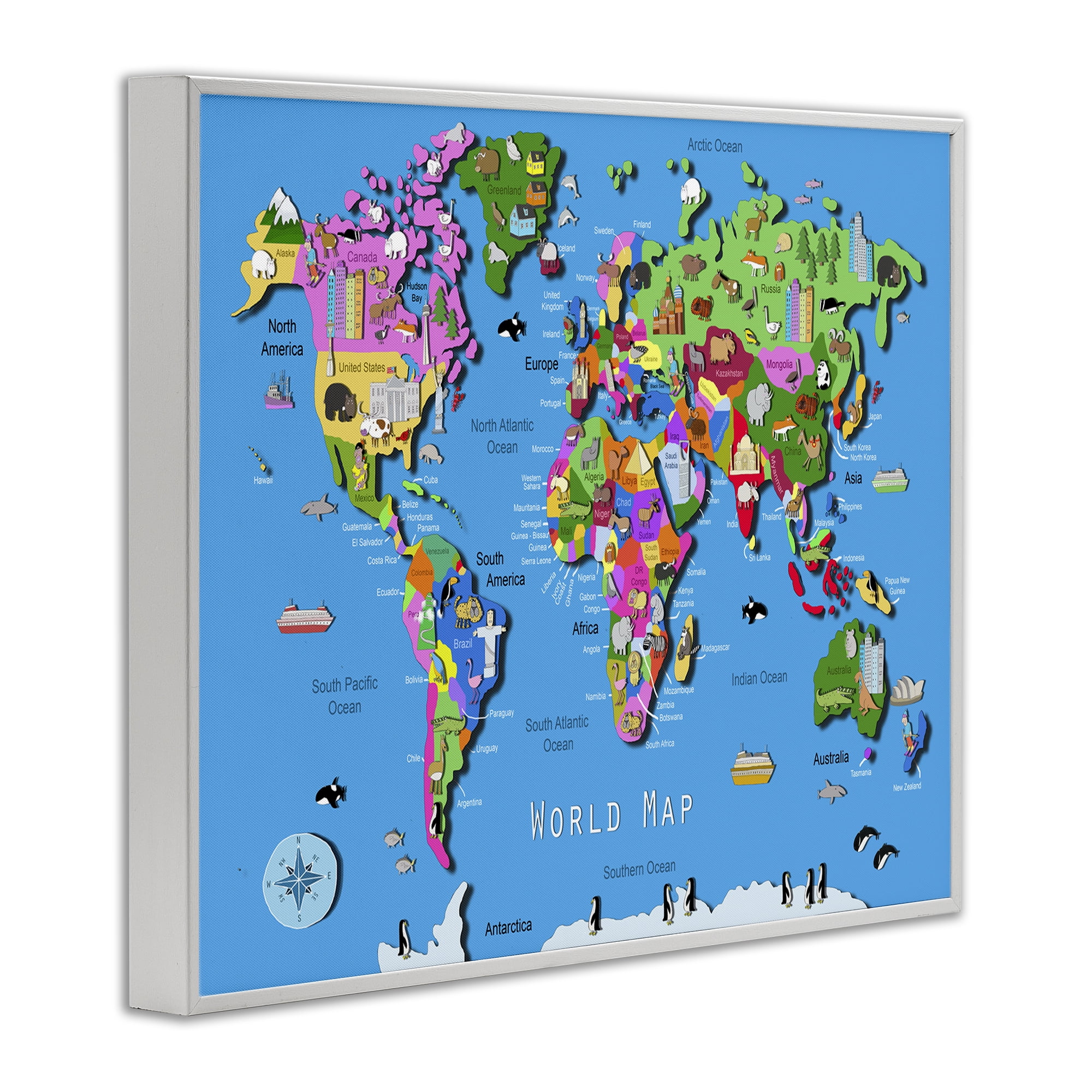 Stupell Industries Educational World Map Travel & Places Painting White Framed Art Print Wall Art, 14 x 11