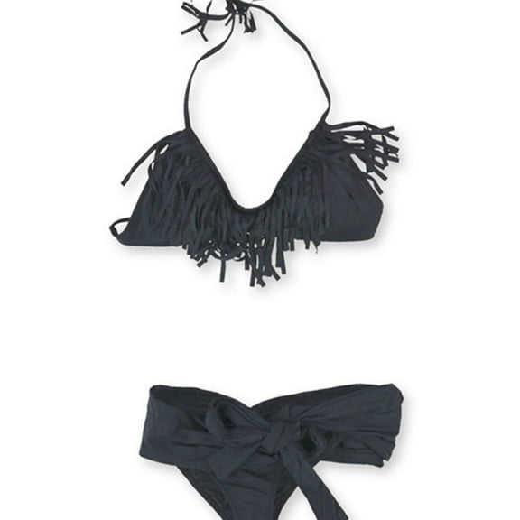 Raisins Womens Fringe High Low 2 Piece Bikini, Black, Medium