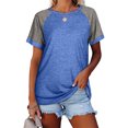 thumbnail image 3 of Femmes T-Shirt Couleur Bloc Manches Courtes T-Shirt Rond Top Col Rond Manches T-Shirt Causal Chemisier, Bleu, 3XL, 3 of 6