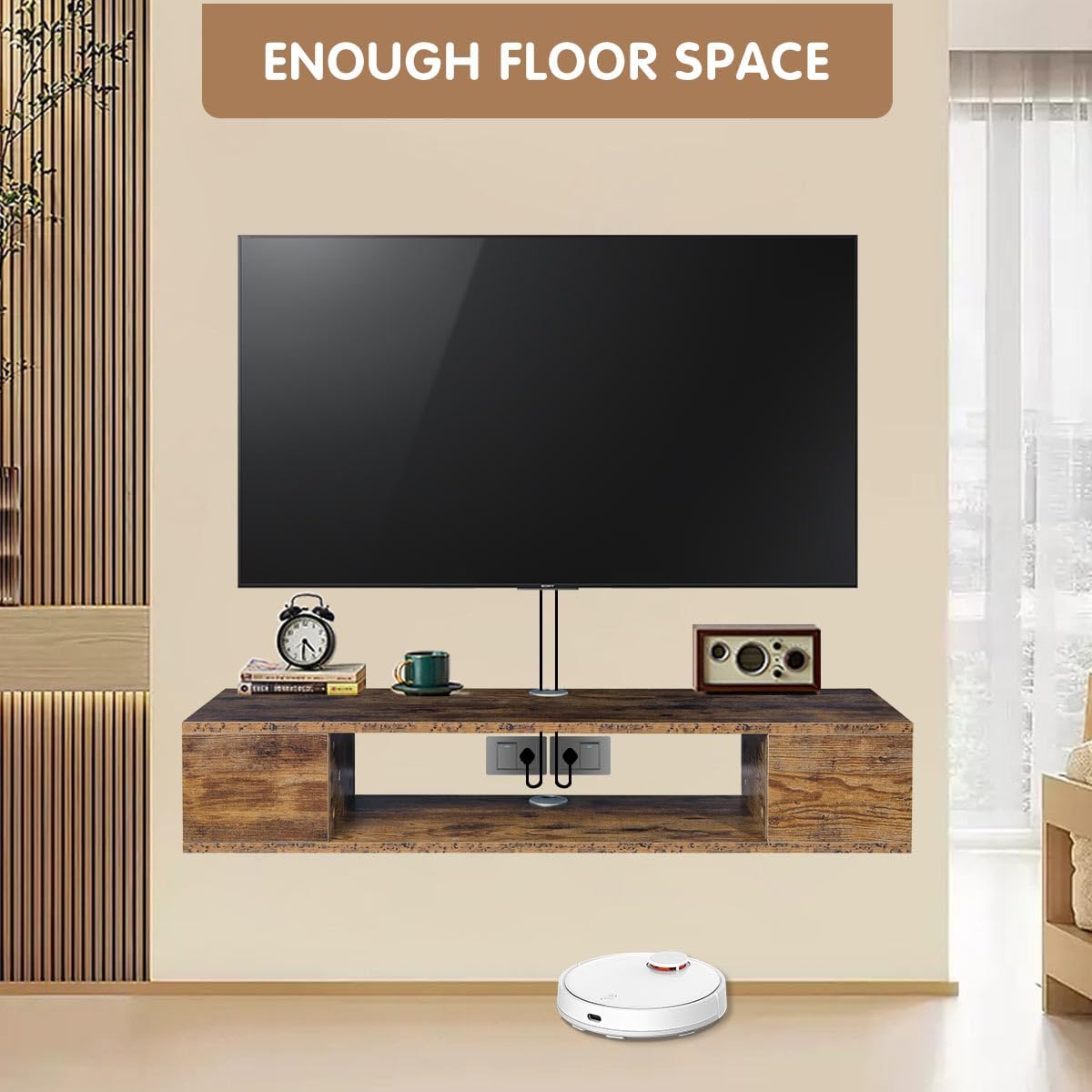 Floating TV Stand, Wall Mounted Entertainment Center and Cabinet Shelf, TV Console with Storage, Media Console for DVD Player, Space-Saving Under TV Shelf for Bedroom (Rustic Brown)