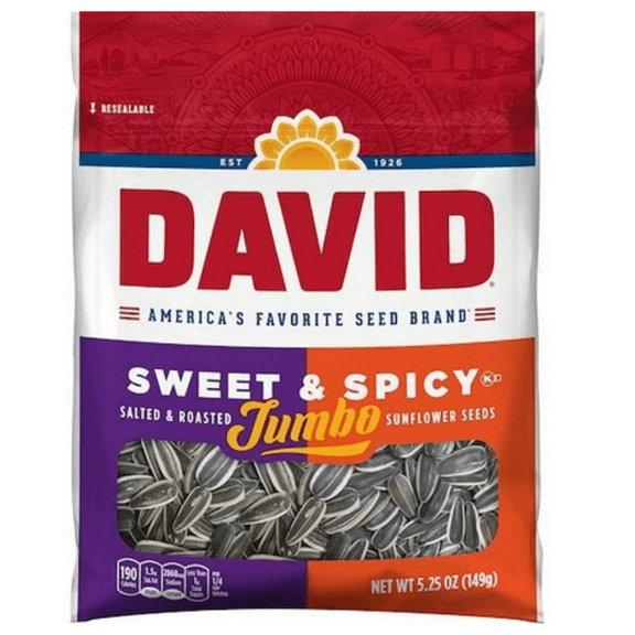 DAVID Seeds JUMBO SWEET & SPICY Sunflower Seeds, Keto Friendly Snack, 5.25 Ounce Bags, (BOX OF 12) DELICIOUS READY TO EAT