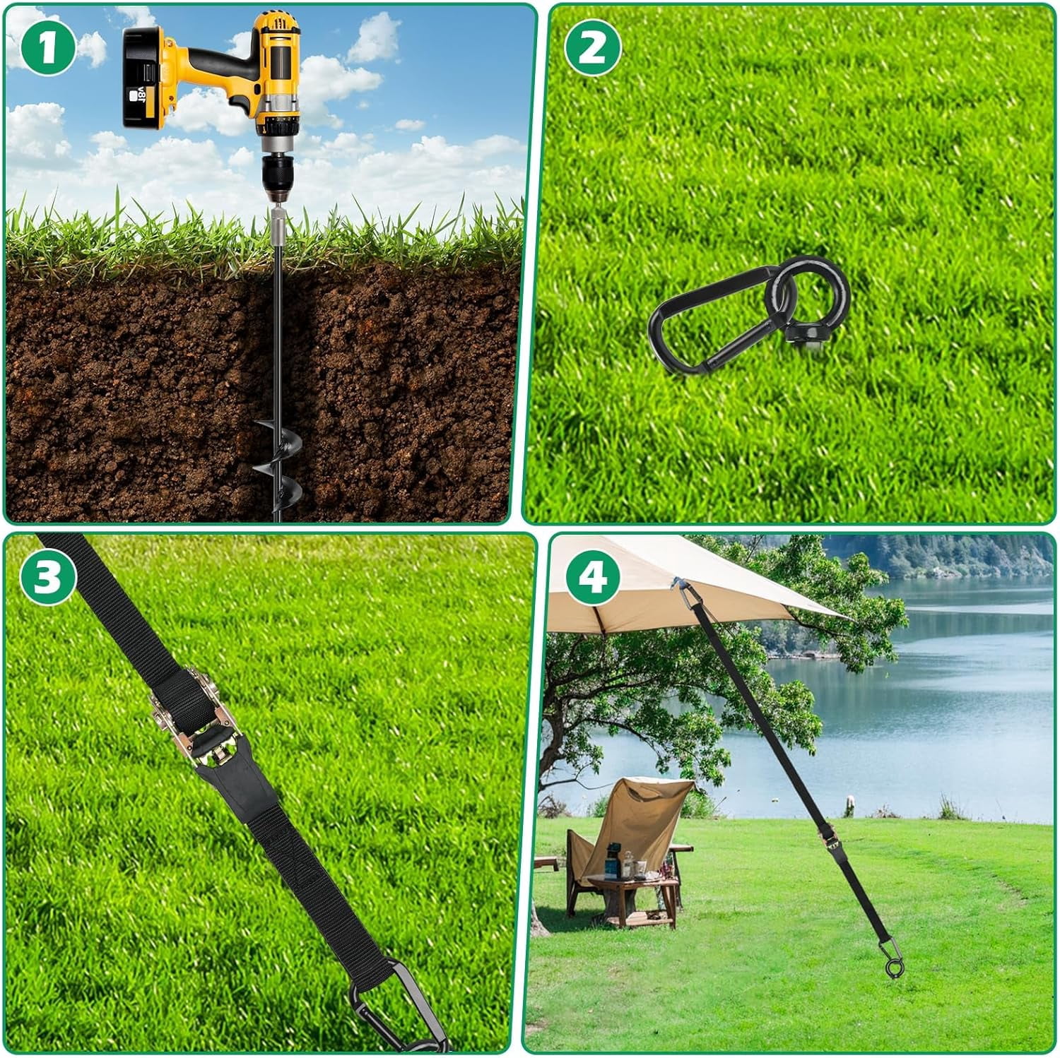 Ground Anchors 6 Pack 18 Inch RV Awning Tie Down Kit Heavy Duty  Tent Stakes with Ratchet Straps for Trampoline Swing Set Carport