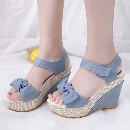 

Zpanxa Womens Sandals Hemp Rope Denim Sandals Bow Wedge Thick Bottom Peep Toe Sandals Wedge Sandals for Women Blue 37