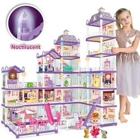 Huge Wave 35 inch 493PCS DollHouse Set Girl Toys, with Colorful Lights, 25 Rooms Princess Doll House Furniture and Accessories, Christmas Birthday Gift for Girls Ages 3-8