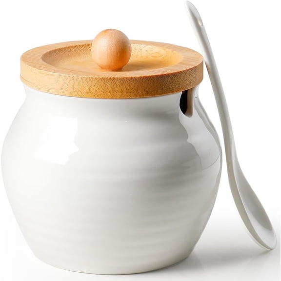 Sugar Bowl with Lid and Spoon: 13oz Sugar Jar with Bamboo Lid,Ceramic Sugar Container for Coffee Bar - Countertop,Kitchen Decor, White