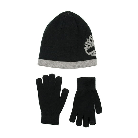 Timberland Boys' Cuffed Hat & Magic Glove Gift Set, Black Reversible, One Size