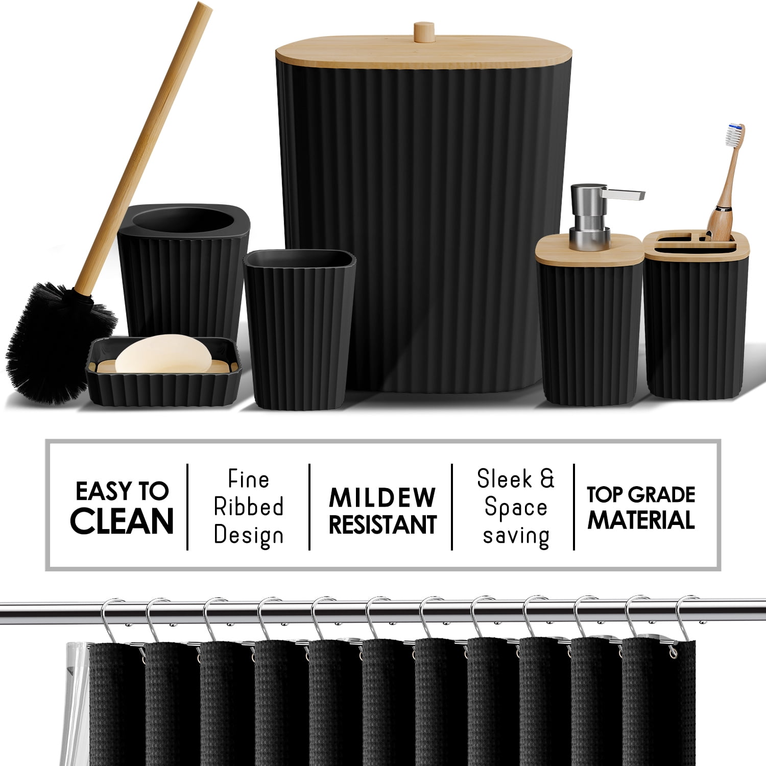 Hearth & Harbor 27 Piece Bamboo Bathroom Sets, Black Bathroom Accessories Set with Bathroom Rugs and Shower Caddy Set