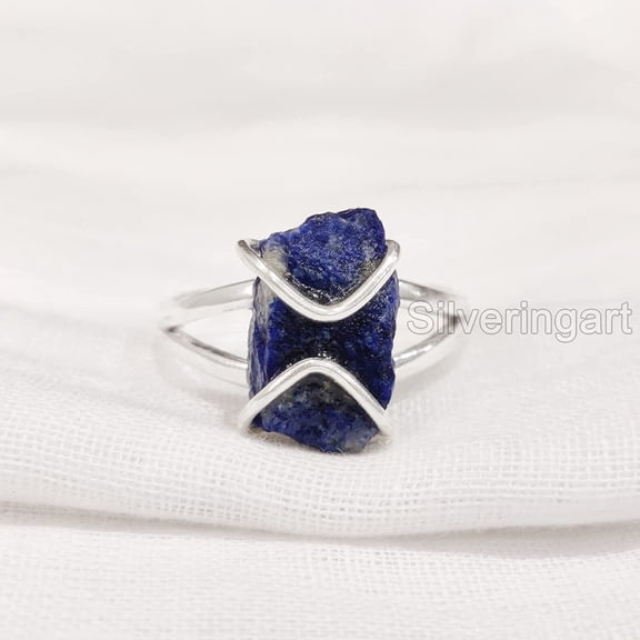 Natural Lapis Lazuli Ring, Rough Lapis Lazuli Ring, Afghani Lapis, Wire Designer Band, 925 Sterling Silver, Womens Ring, Christmas, Thanksgiving, Handmade, Statement Jewelry, Rough Gemstone Jewelry