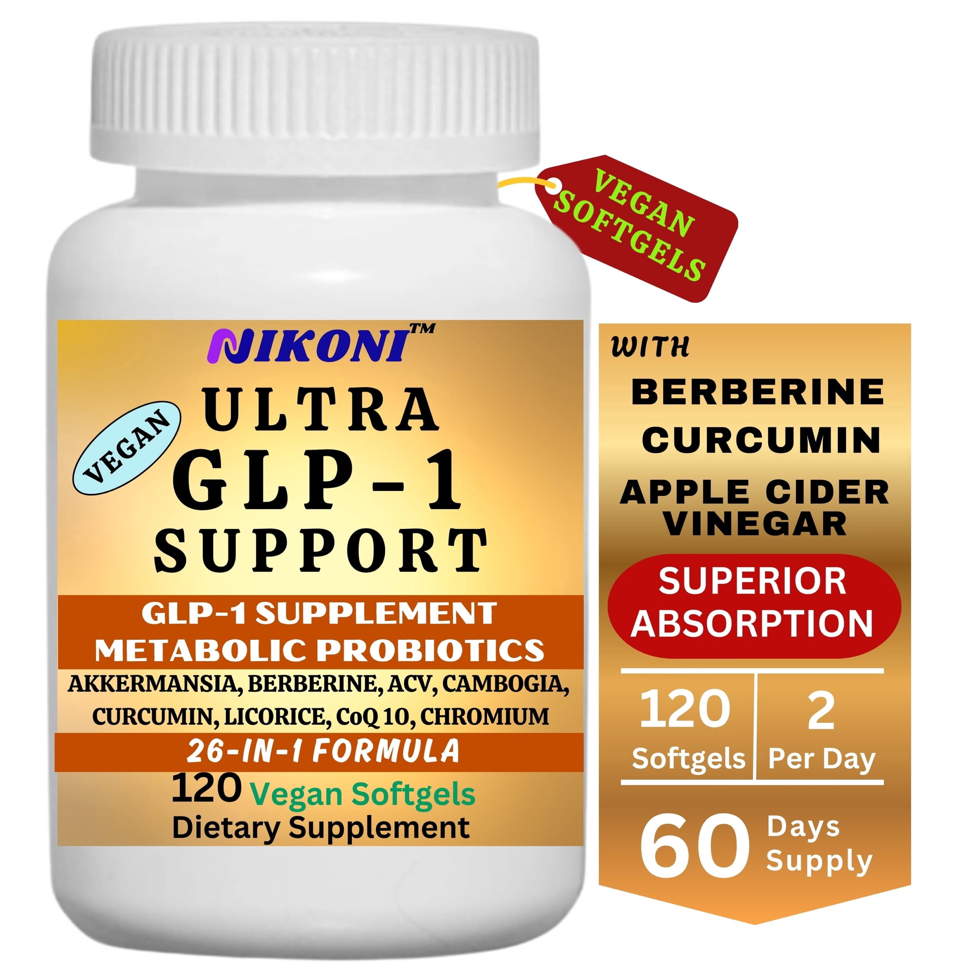 Nikoni Ultra GLP-1 Support with Akkermansia, Berberine, Curcumin and ACV, Digestive and Metabolic Wellness, 120 Vegan Softgels