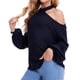 thumbnail image 2 of Hombro frío knit gota hombro linterna manga larga crewneck knit suave suelta waffle pullover para mujeres azul marino XL, 2 of 5