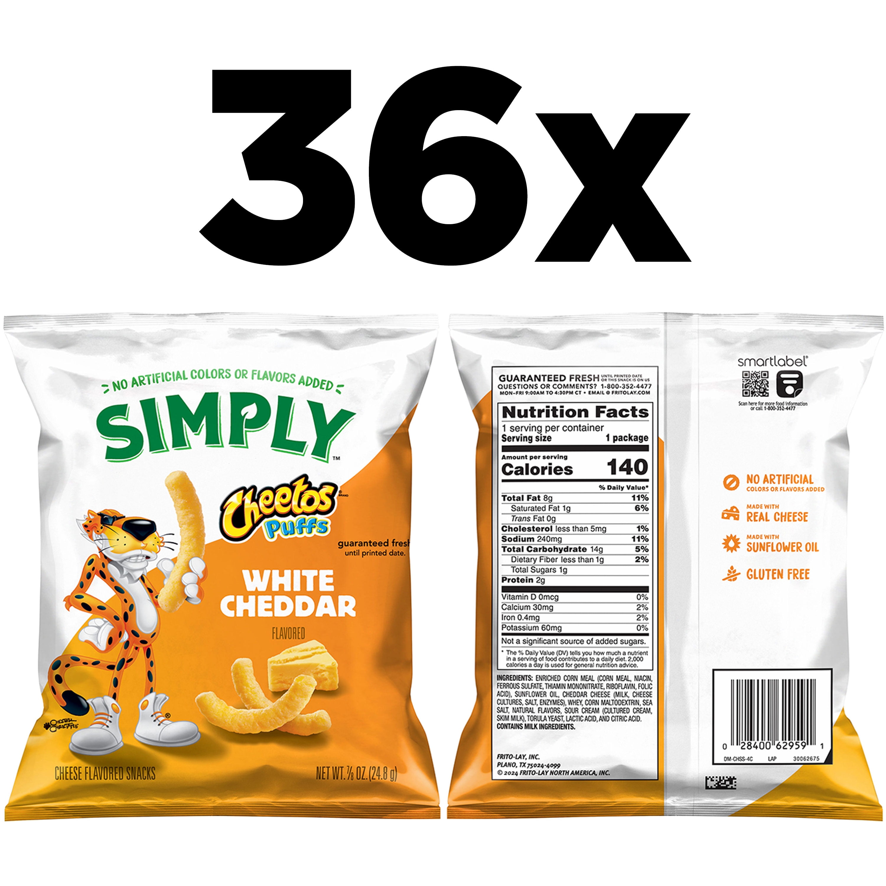 Simply Cheetos Puffs White Cheddar Cheese Flavored Snack Chips, 0.875 oz Bags, 36 Count Multipack