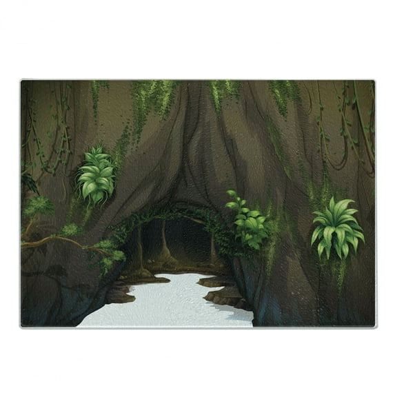 Nature Cutting Board, Tree Cave Surrounded with Moss Woodland Green Fantasy Secret World Cartoon, Decorative Tempered Glass Cutting and Serving Board, Small Size, Fern Green Chocolate, by Ambesonne