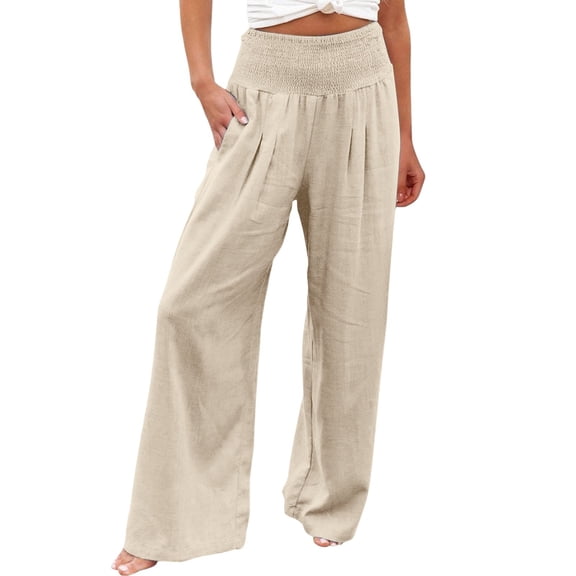 Aoiroe Women Linen Baggy Pants,Workout Comfy Jogger Straight Dress Cotton Linen Pants Relaxed Fit Wide Leg Pant Travel Vacation Outfits Casual Lounge Pants A-Beige L