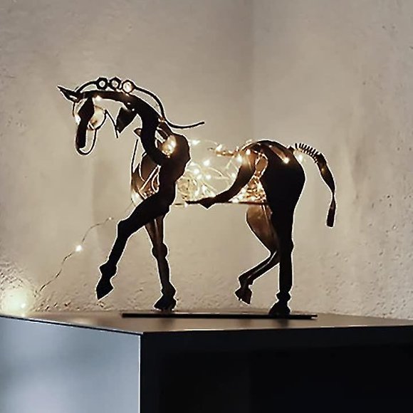 Metal Horse Sculpture, Led Modern Horse Handicraft Statue Figurine, Hollow Tabletop Decorative Metal Ornaments, Rusty Standing Horse Statue