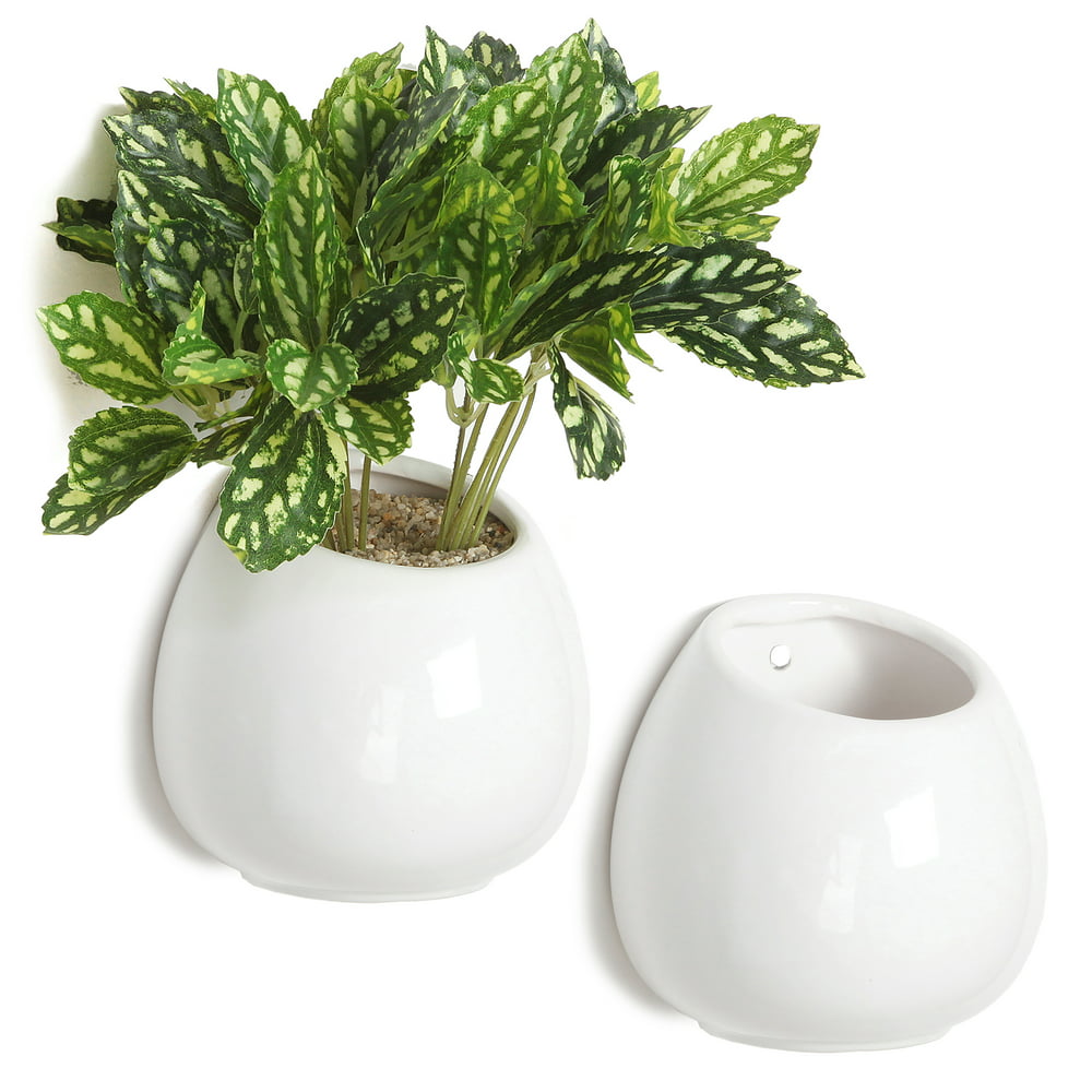 4 Inch Small Wall Mounted Ceramic Flower Plant Vase, Succulent Planter Pots, Set of 2, White