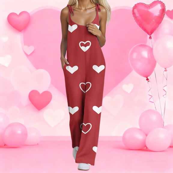 Women's Valentine's Day Overalls Wide Leg Sleeveless Casual Heart Graphic Rompers Valentine's Adjustable Straps Jumpsuits