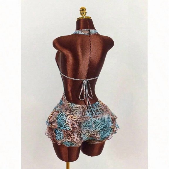 Multicolor-2 All-Over Print Hollow Backless Sleeveless Bodysuit With Ruffled Skirt And Tie-Back Detail