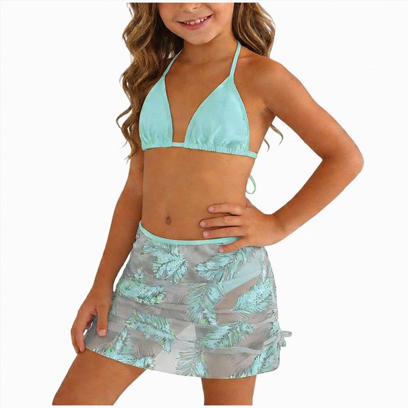 BOBOGOJP Girls Swimsuit Bathing Suits Solid Bikini Set with Printed Sports Shorts Swimwear Mint Green for Size 9-10 Years