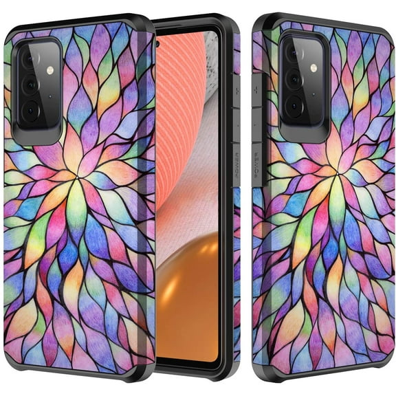 For Samsung Galaxy A52 Case w[Tempered Glass Screen Protector] Cute Girls Women Glitter Protective Phone Cover Cases - Rainbow Flower