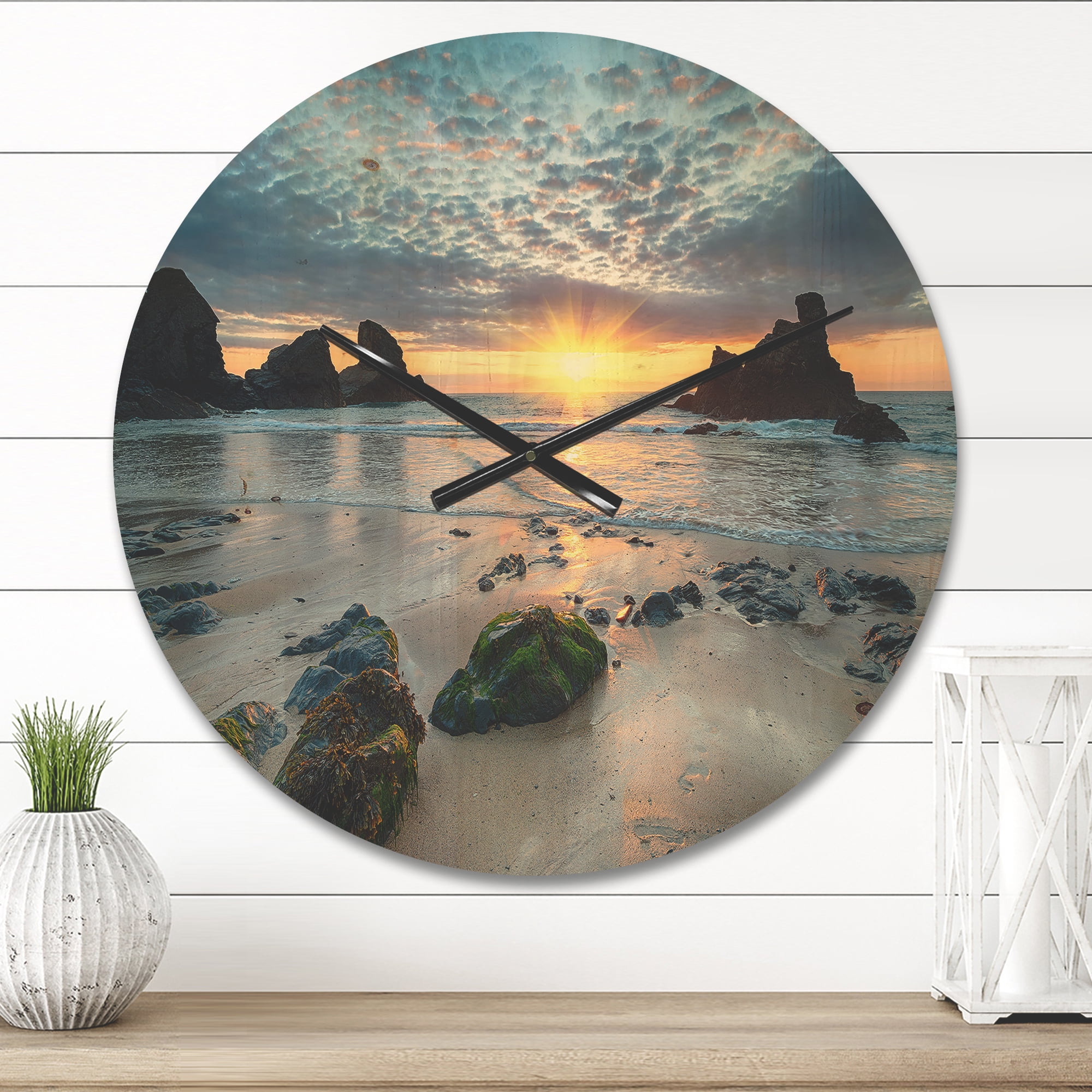 Designart 'Beautiful Porthcothan Bay With Sunset' Modern Wood Wall Clock