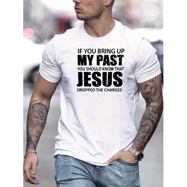 Christian Slogan Pattern Print Men's Comfy Slightly Stretch T-shirt, Graphic Tee Men's Summer Clothes, Men's Outfits