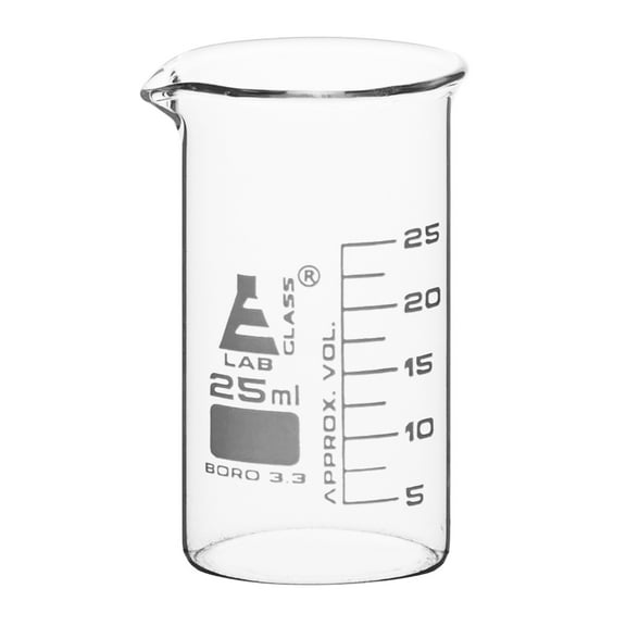 Beaker, 25ml - Tall Form with Spout - White, 2.5ml Graduations - Borosilicate 3.3 Glass - Eisco Labs