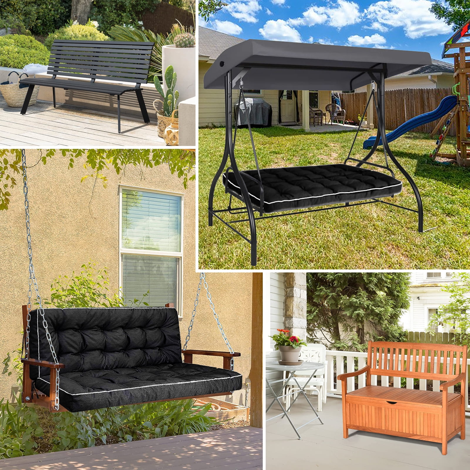Porch Swing Cushions 55in, Swing Cushions 3 Seater Replacement with Backrest, Thicken 4" Waterproof Bench Pad Cushions, Outdoor Loveseat Cushions Non-Slip Chairs Pad (Black)