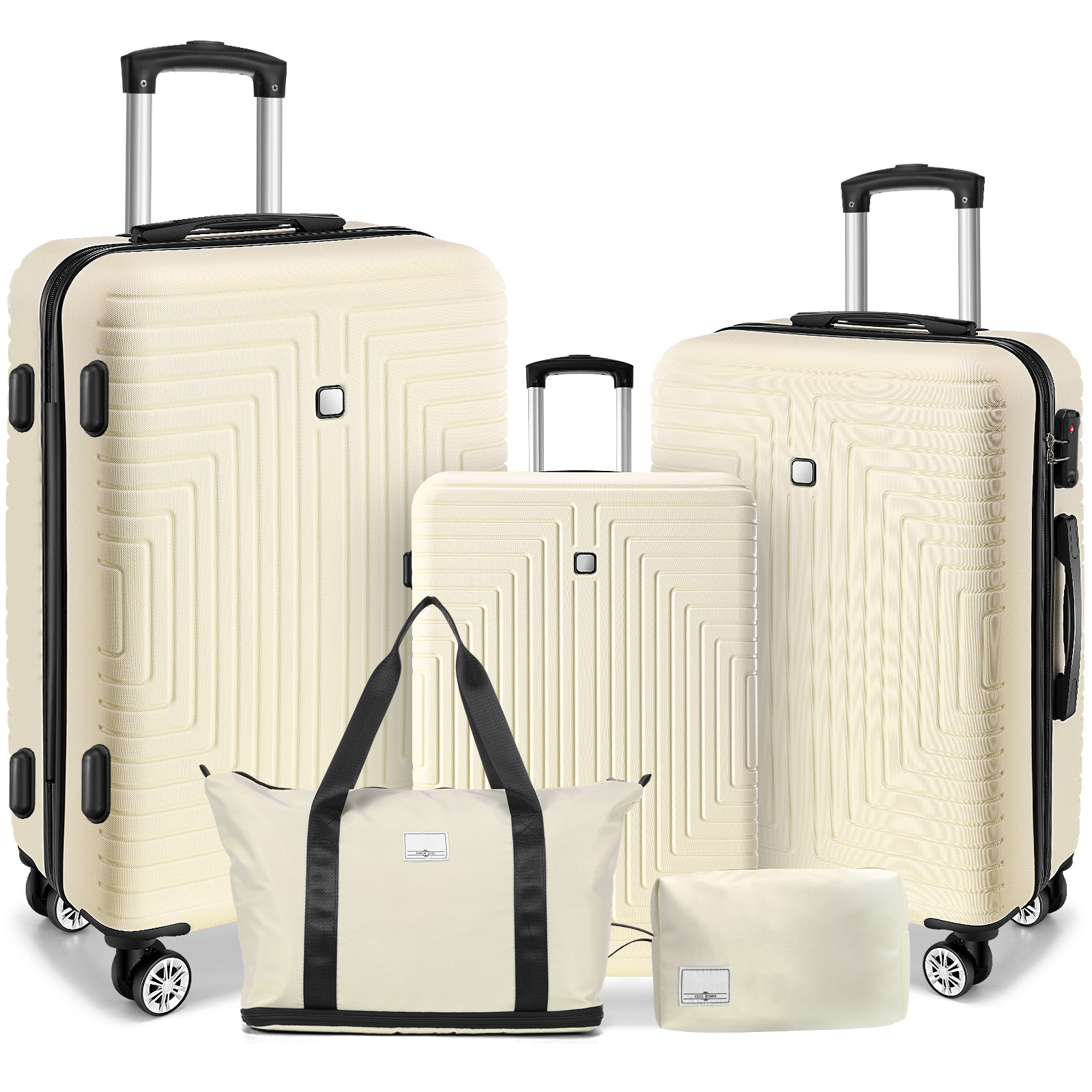 SANOPY 5 Piece Luggage Set(20/24/28) , Hardside Lightweight ABS+PC Suitcase Set with Expandable Duffel Bag + Toiletry Bag, Spinner Wheels and TSA Lock, Beige