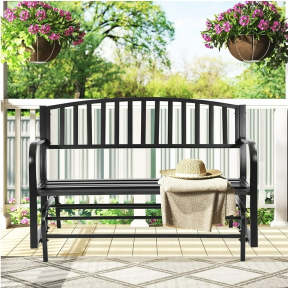 Patio Glider Bench Garden Bench for Patio Outdoor Bench Metal Bench Park Bench Cushion for Yard Porch Work Entryway, Black