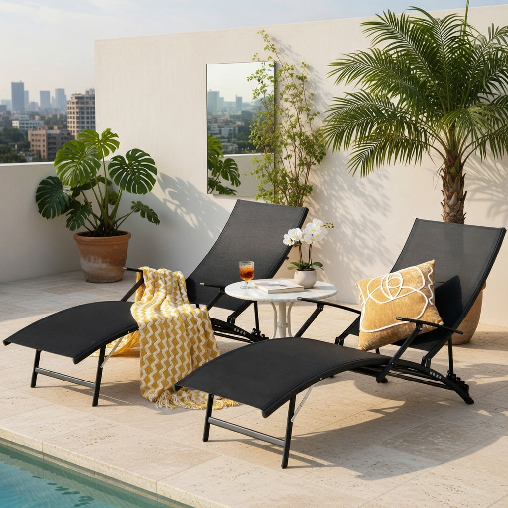 Hommoo 2-Pack Folding Stackable Outdoor Chaise Lounge Chairs with 5-Position Adjustable Backrest, Rustproof Steel Frame & Quick-Dry Fabric,for Patio, Poolside & Backyard Use, Black