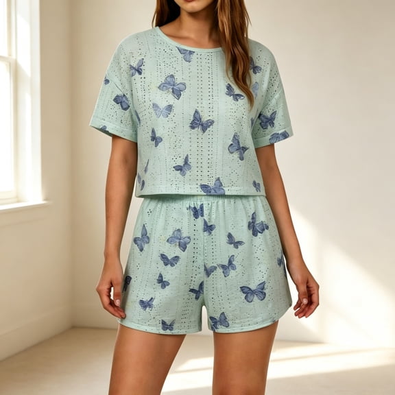 VONCOS Womens Short Sleeve Pajama Set Soft Breathable Stretchy 2 Piece Lounge Shorts Butterfly Print Mint Green,Size XL