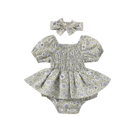 Bagilaanoe Newborn Baby Girl Rompers Dress Flower Print Puff Sleeve Off-shoulder A-line Bodysuit Dress + Headband 3M 6M 12M 18M 24M Infant Summer One Piece Jumpsuit