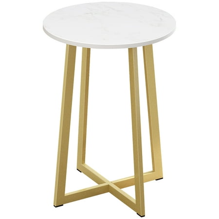 LANGRIA End Tables for Living Room, Round Side Table, X-Shaped Small End Coffee Accent Table with Faux White Marble Top, Sturdy Golden Metal Frame, Modern Nightstand for Bedroom Balcony