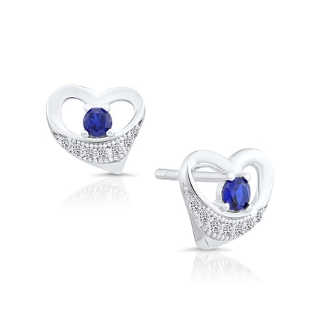 Tilo Jewelry 925 Sterling Silver Blue Heart Stud Earrings with Secure Push Backs & Cubic Zirconia CZ Stones for Women & Unisex