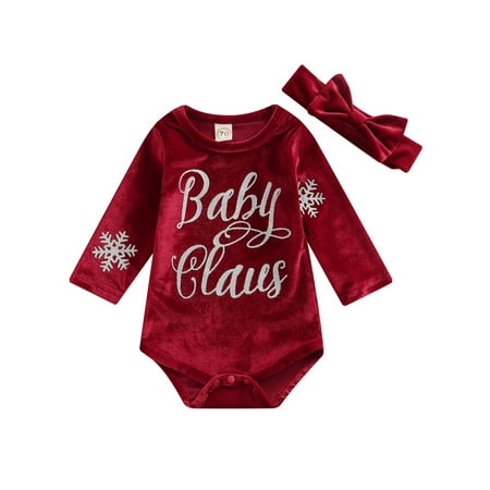 

Sunisery Newborn Baby Girls Long Sleeve Letter Print Velvet Romper Tops Bow Headband Christmas Warm Outfits Wine Red 3-6 Months